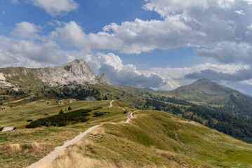 Scenic hiking trail winds through green meadows on the Pralongia plateau in the Italian Dolomites, surrounded by alpine peaks and forests
