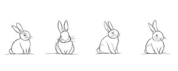 Four cute cartoon bunnies in different poses on white background. Vector