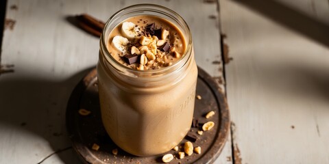 Creamy Peanut Butter Chocolate Smoothie with Granola in a Glass Jar