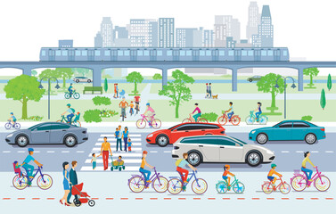 Stadtübersicht mit Radfahrern und Verkehr Illustration.eps