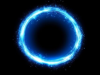 Fototapeta premium In the midst of darkness, a glowing blue circle with light streaks radiates outward. The reflective nature of the portal creates a mirrored appearance, evoking a sense of depth and vigor