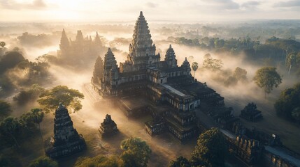 Mystical sunrise over ancient temple complex shrouded in fog.