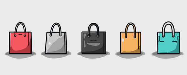 Colorful tote bags in a row: red, grey, black, orange, teal on a light background. Vector