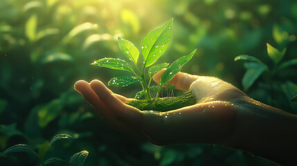 Eco awareness message with plant in hand under sunlight promoting green living and nature