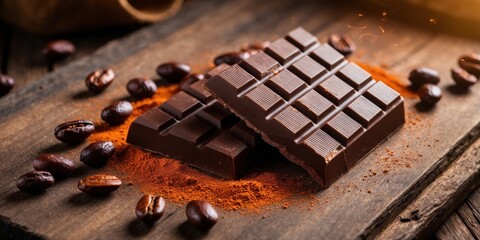Dark Chocolate Bar on Cocoa Powder