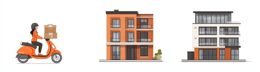 Fototapeta premium The illustration showcases a delivery person on a scooter, a modern apartment building, and a contemporary house, highlighting themes of delivery, urban life, architecture, and residential areas