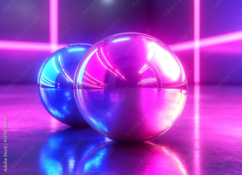 Poster a captivating metallic orb, adorned with vivid neon details, shines on a mirrored surface, bathed in