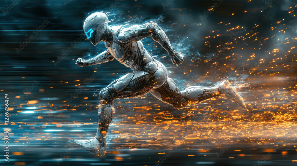 Poster futuristic athlete sprints with advanced mechanical limbs in a dynamic display of speed and innovati