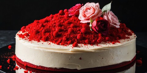 Elegant Red Velvet Cake with Roses and Cocoa Dusting
