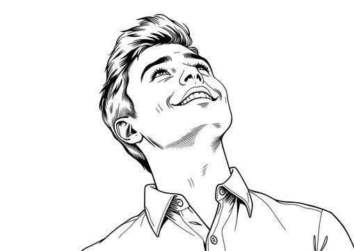 portrait of clean young man looking upwards ,concept of an uplifting spiritual image ,happiness and joy  ,line drawing or engraving .