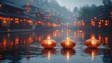 Floating lanterns on river in misty Chinese village.  Possible use Stock photo for travel, tourism, or culture