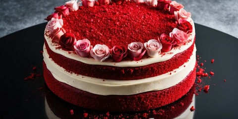 Elegant Red Velvet Cake with Roses and Cocoa Dusting
