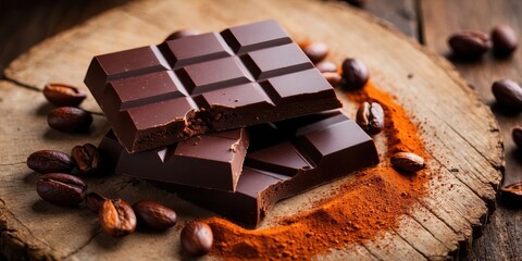 Delicious Dark Chocolate Bar with Cocoa Beans on a Wooden Table