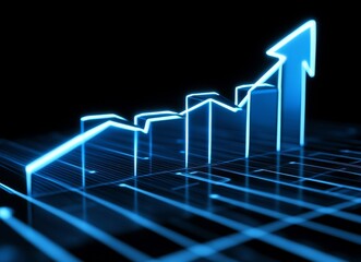 A luminous blue arrow rises, representing growth and advancement. A futuristic cityscape unfolds along its path, emphasizing technological progress and urban expansion