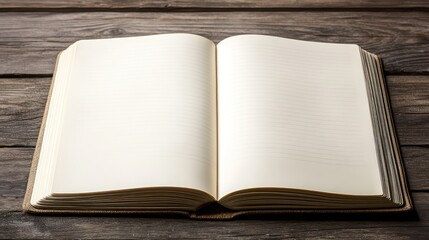 Open blank notebook on wooden table, inviting creativity