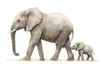 Obraz premium A watercolor painting featuring a mother elephant affectionately cuddling her baby, all on a pristine white background