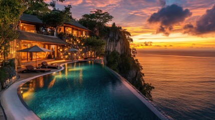 Obraz premium Luxury Cliffside Villa with Infinity Pool at Sunset.