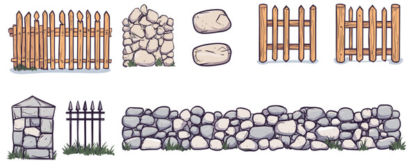 Wooden and stone fences with various stone sizes and textures in diagram. Vector