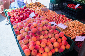 a market with fresh peaches, nectarines and cherries, fruits and vegetables at the farmer's market