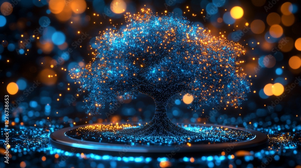Poster the circuit-patterned base supports a digital tree that glows faintly