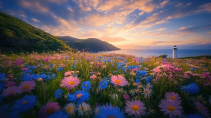 Fototapeta premium Beautiful colorful wild flowers with lighthouse at sea beach in Spring.