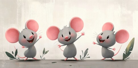 Obraz premium Three separate watercolor illustrations of mice, designed as clipart, isolated on a white background