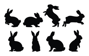 Set of different rabbit silhouettes, isolated on a white background. Various bunny poses for decorative and design use, perfect for logos, prints, and illustrations.