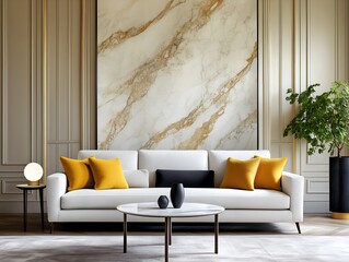 Elegant classic living room with white sofa and marble accent wall. Ideal for interior design mockup and advertisement. Generative AI.
