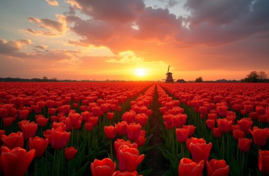 Expansive tulip field stretching to the horizon with red flowers in full bloom, featuring a traditional Dutch windmill and a golden sunset sky