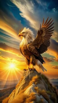 A proud griffon perched atop a golden hill at sunrise, its eagle wings spread wide 