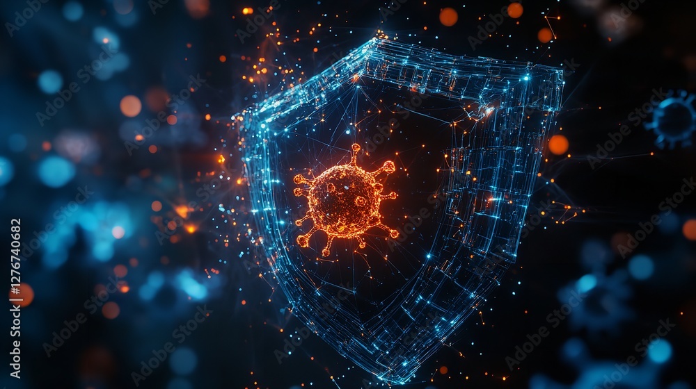 Poster digital shield virus protection network security abstract background 3d web art data grid blue dark