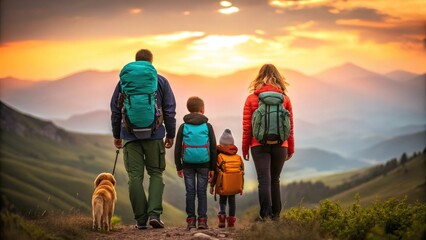Hiking with kids and pets creates joyful memories. A family and their dog hike together at sunset, surrounded by mountains and vibrant skies, embodying adventure and togetherness.