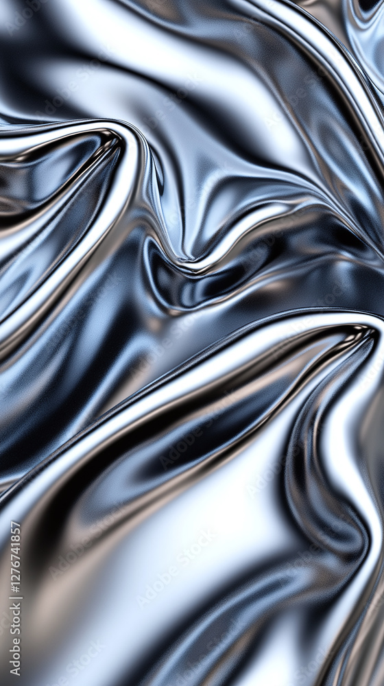 Poster silvery waves of metallic fabric create a fluid, abstract pattern with highlights and shadows, evoki