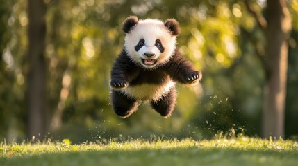 Fototapeta premium Playful panda cub jumping in a sunny green park