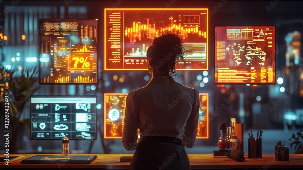 Poster futuristic analyst reviewing data on multiple screens
