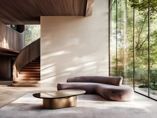 Modern organic living room with sculptural curved sofa and gold coffee table. Ideal for interior design mockup and advertisement. Generative AI.