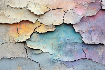 Obraz premium Cracked pastel-colored wall with layers of peeling paint, showing texture and age.