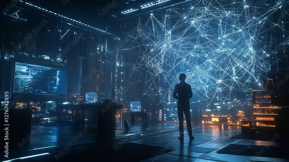 Poster futuristic network data center digital art modern technology global network visualization man web