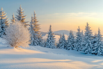 Snow-covered fir trees on a mountain at sunrise, a winter wonderland scene.