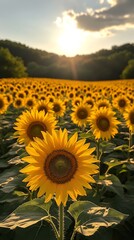 Obraz premium golden sunflower field under sunset sky high resolution hd picture