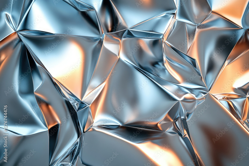 Poster Abstract image of crumpled metallic surface with blue and orange highlights, showcasing texture and form.