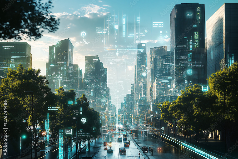 Poster concept of an e city with virtual icons computer
