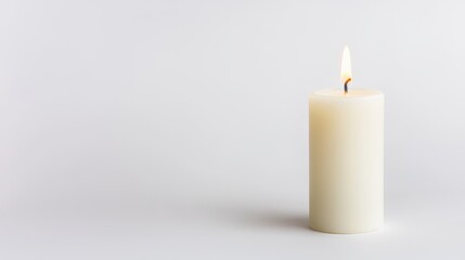 Minimalist candle with a soft glowing flame, clean white background, peaceful and calming composition