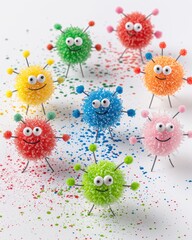 Colorful and Playful Microorganisms Representations with Smiling Faces and Festive Glitter Background