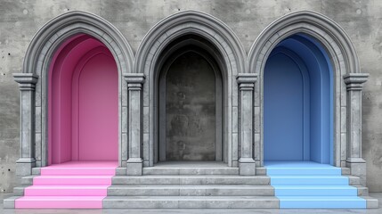 Obraz premium Three Arched Niches with Pink and Blue Steps on a Textured Gray Wall Background