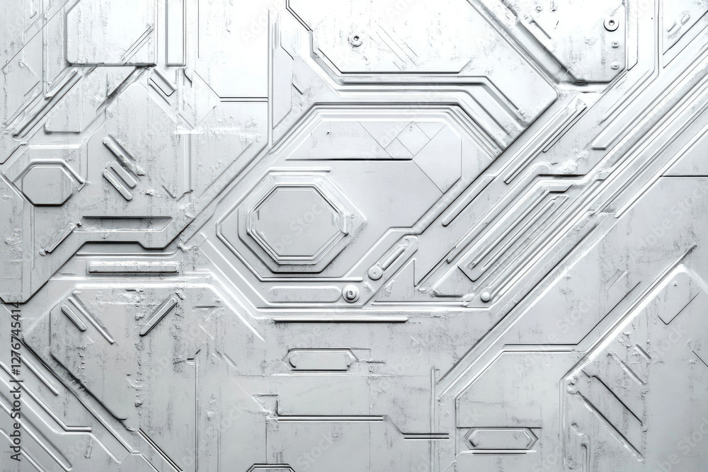 Poster Abstract futuristic metallic panel with geometric shapes and embossed circuitry design.