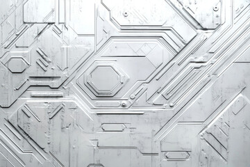 Abstract futuristic metallic panel with geometric shapes and embossed circuitry design.