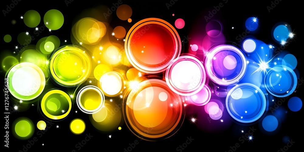 Poster vibrant rainbow circles abstract background with glowing lights and bokeh effect