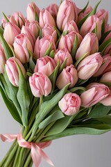 Fototapeta premium Vibrant pink tulip bouquet symbolizing spring and renewal, with soft petals and lush green leaves, perfect for seasonal decor