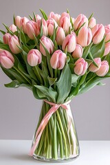 Lush floral arrangement featuring fresh pink tulips with green leaves, perfect for home decor, floristry, and stylish interiors.